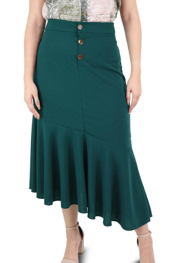 Falda Midi Asimétrica Verde con Olán y Abertura de Botones en Cintura Para Dama